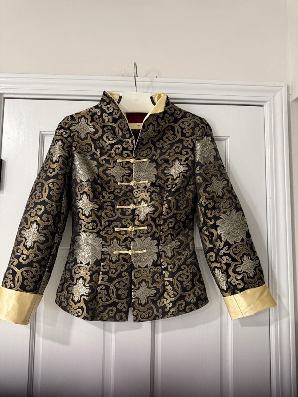 Oriental Style Metallic Gold Black 100% Silk Mandarin Collar Jacket Soft Size S